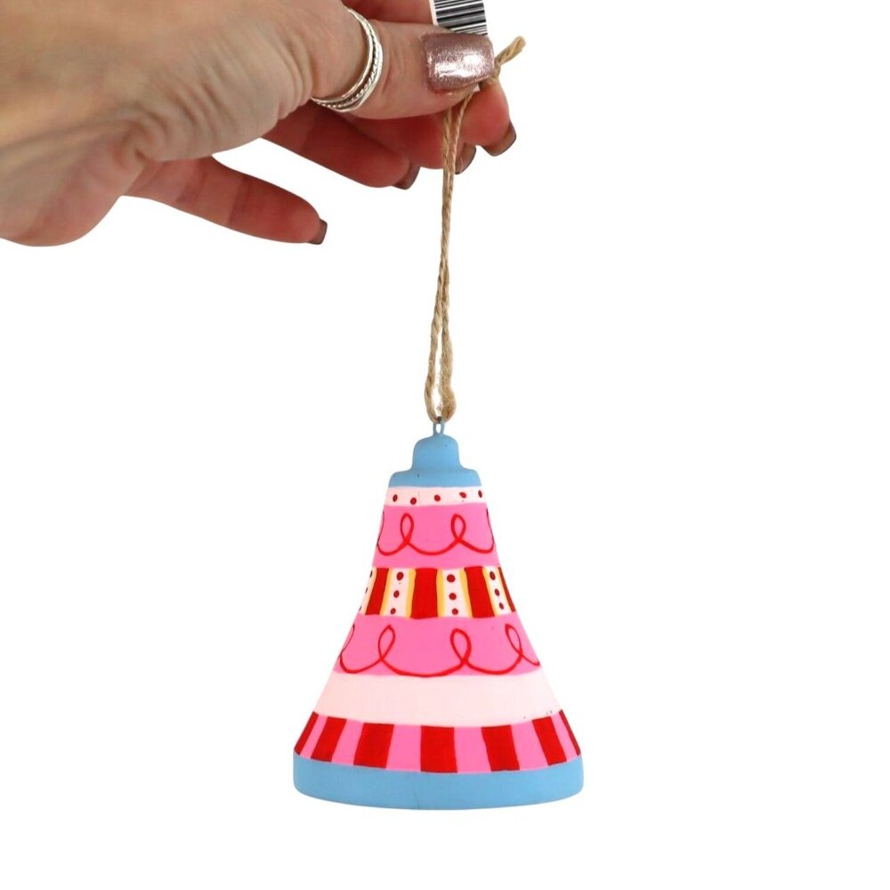 Hand-Painted Bell Ornament Pink Christmas Holiday Decor Whimsical Festive NWT